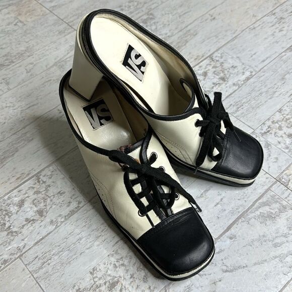 Vintage 90’s Magma Pale Green Black Saddle Mules 3.5” Heel Size 6m - Picture 7 of 11